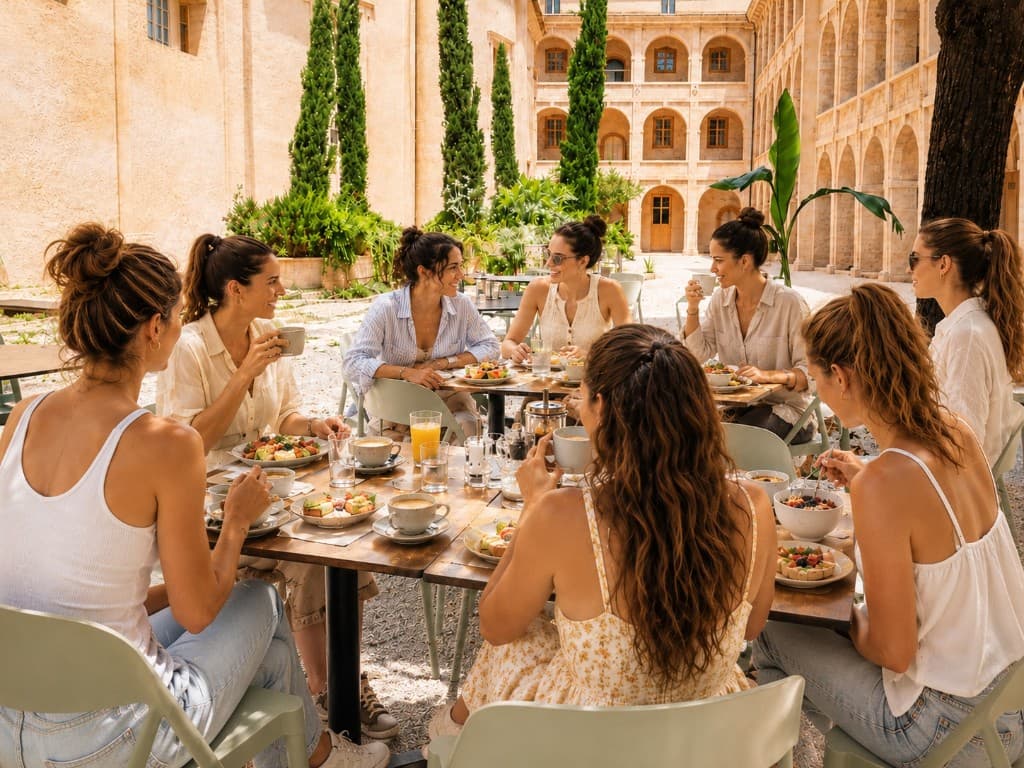 Huit femmes partageant un brunch en terrasse