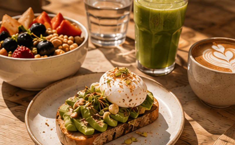 Brunch healthy avec avocado toast et jus vert